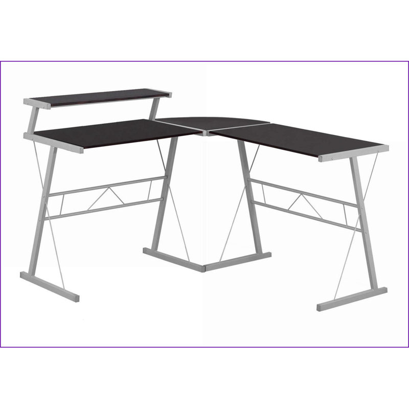 Bureaux, bureau d'angle en L avec rangement surélevé, stratifié brun foncé moderne & amp; Gris métal | Espresso | Panneau de fibres à densité moyenne