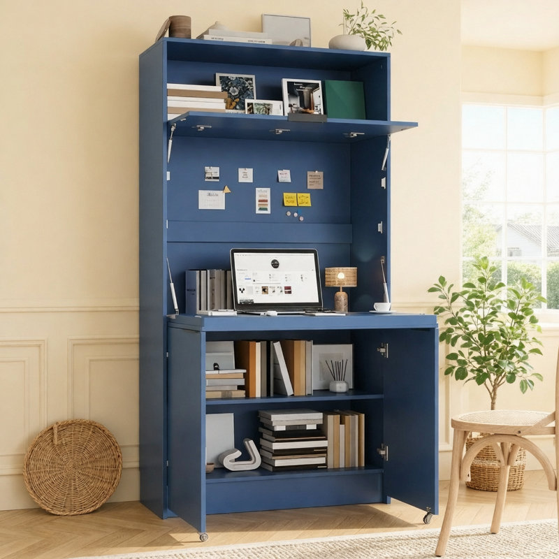 Garde-manger compact, buffet de 69 po de hauteur avec huche et poste de travail pliable, armoire de rangement multifonctionnelle avec tablette réglable et prise de courant pour la salle à manger, le salon, bleu foncé