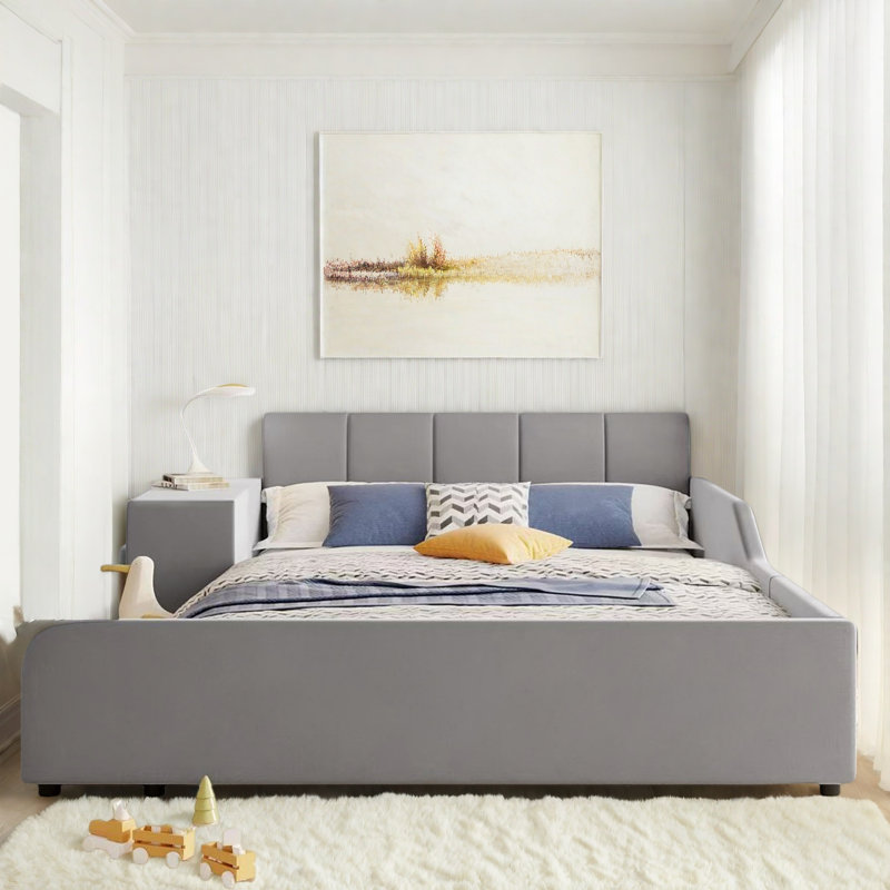 Lit tapissier au sol avec bureau de chevet et petit tabouret rond, Gris, Lit double