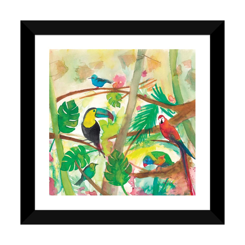 Oiseaux tropicaux - imprimé, H 24 po x l 24 po x p 1 po, Papier encadré noir, Blanc