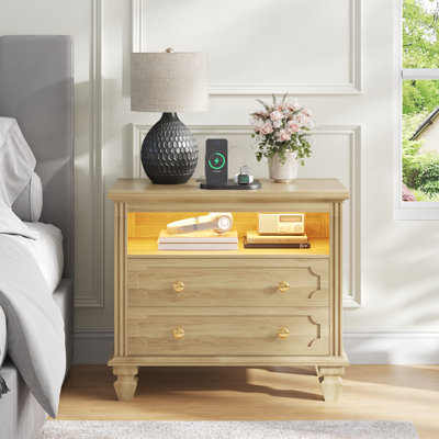 Table de chevet 28 po en bois massif avec station de charge et table de bout à 2 tiroirs avec lumières à capteur