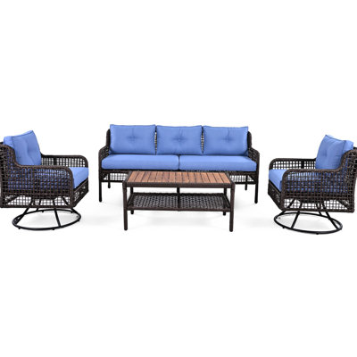 5 - Person Patio Furniture With Blue , 3 Seater , 2 Swivel Chairs And Coffee Table, Easy Assembly Good Support For Person, Rocking Solid Wood Ergonomic Weather