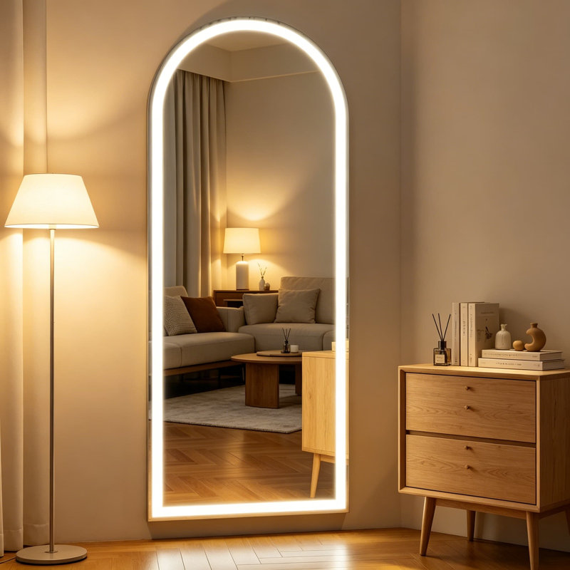 Miroir arqué pleine longueur à DEL 56 po x 21 po - Miroir de plancher à intensité variable avec 3 modes de couleur, debout, incliné ou fixé au mur pour la chambre à coucher, le vestiaire, l'espace de vie