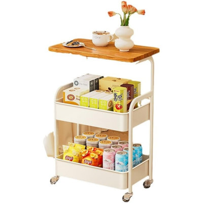 Chariot roulant à 3 niveaux avec plateau en bois, chariot utilitaire avec roues verrouillables, chariot de rangement polyvalent pour la cuisine, le bureau, la chambre à coucher, cadre en métal robuste pour les petits espaces, assemblage facile