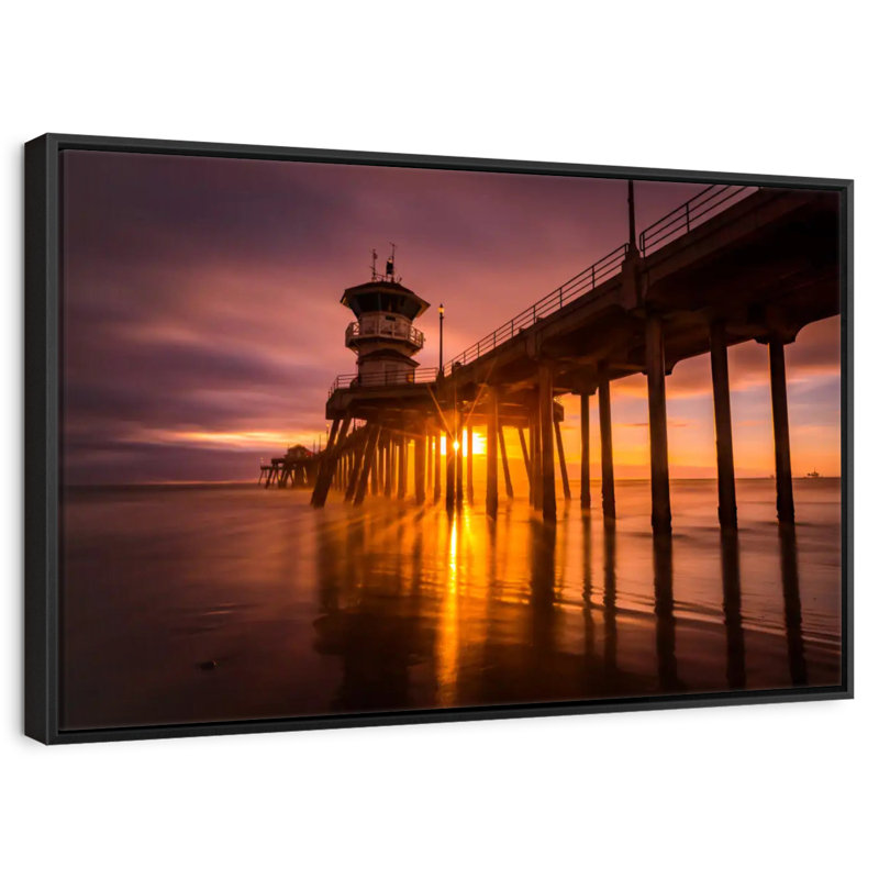 Coucher de soleil à Huntington Beach Pier, Cadre flottant noir, 31 po x 21 po
