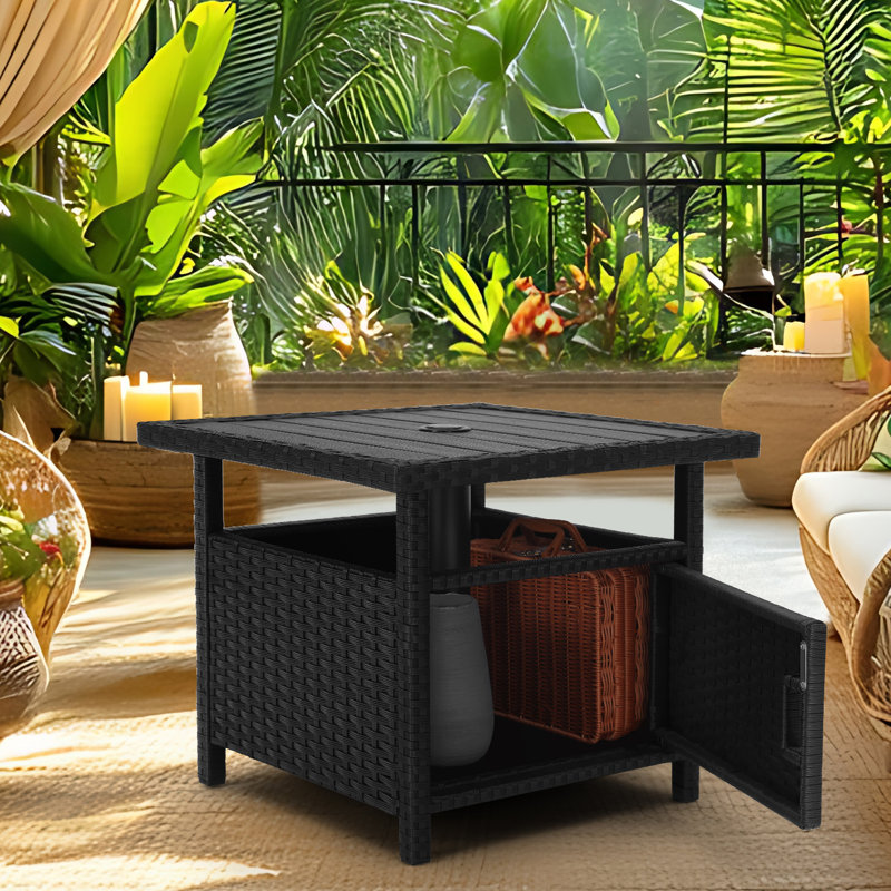 Table de bout de parasol avec 2 sacs de poids Table de bout de parasol de terrasse avec trou de parasol Petite table de bout en osier noir pour rangement extérieur