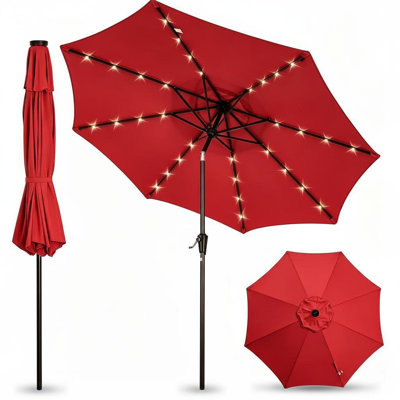 Parasol de terrasse solaire 10 pi à DEL avec 32 lumières - parasol de marché extérieur résistant aux rayons UV et à l'eau - inclinaison et manivelle faciles, 8 nervures en fer robustes - bleu marine