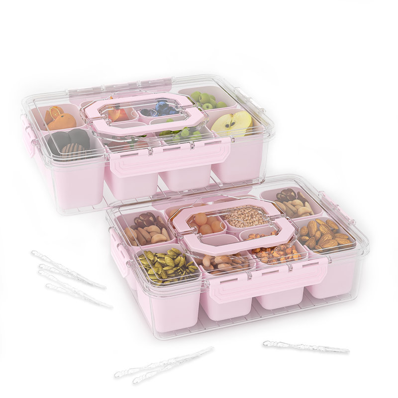 Boîte à collation à 8 compartiments LLMRR, plateau de service divisé avec couvercle et poignée, boîte à collation transparente, boîte à collation et plateau à fruits pour les voyages sur la route, les fêtes, les légumes, les fruits, les bonbons, paquet de 2, rose