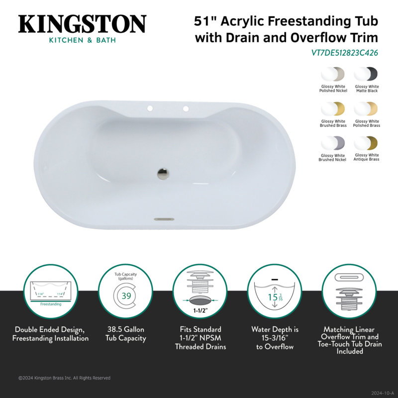 Glossy White Acrylic Freestanding Oval Bathtub with Matte Black Drain