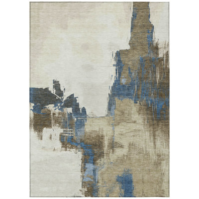 5' X 8' Beige And Brown Abstract Washable Indoor Outdoor Area Rug