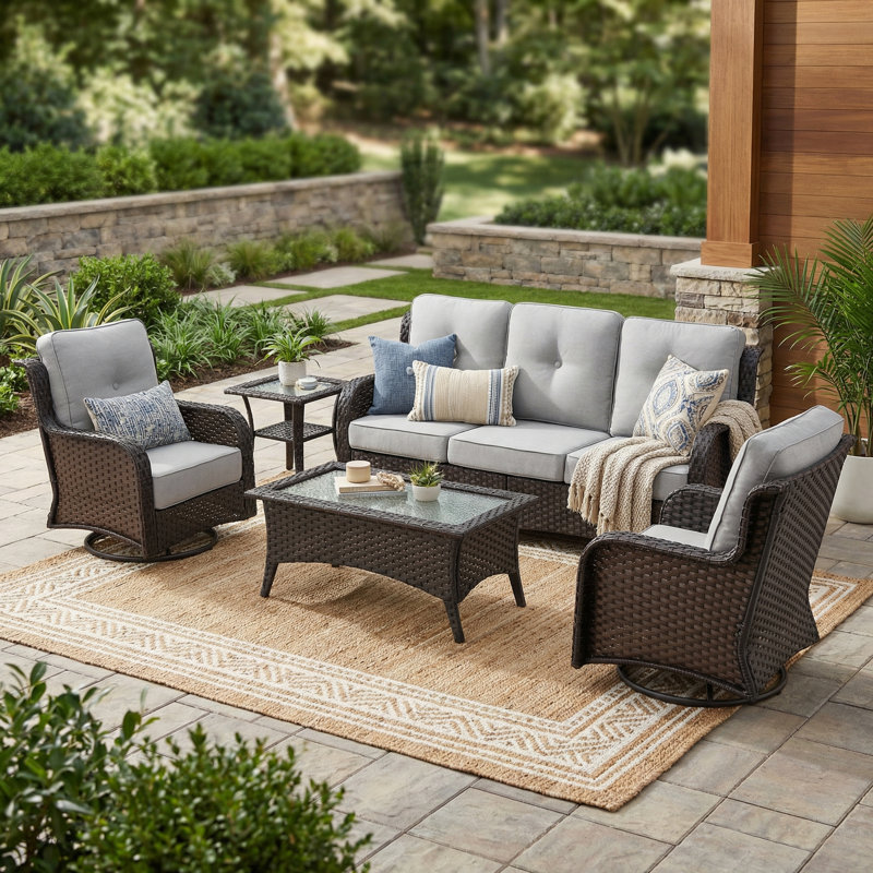 5 Pieces Outdoor Wicker Swivel Chair Set With Olefin Cushions, 39.57'' W Coffee Table, Side Table, Gray