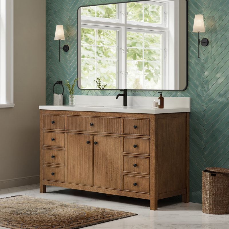 Meuble-lavabo simple 60 po Rian en noyer grillé, comptoir en quartz blanc, lavabo carré encastré (1 trou), garniture noir mat