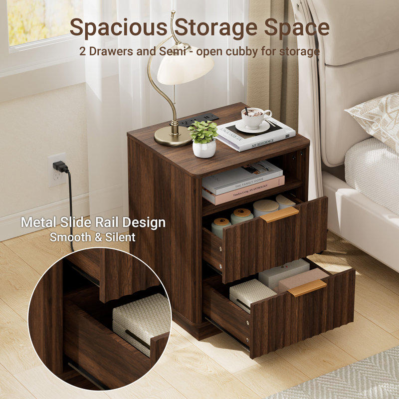 Jenkins 18''W Nightstand Set of 2 with 2-Drawer Open Cubby, Built-In Charge Outlets, Walnut Wood Grain/Oak Textured
