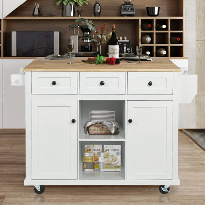 53" Wide Rolling Kitchen Island, Solid Wood Countertop with Drop-Leaf, Cabinet with Door Racks and Adjustable Shelves, 3 Drawers, Modern, Cart for Dinning Room