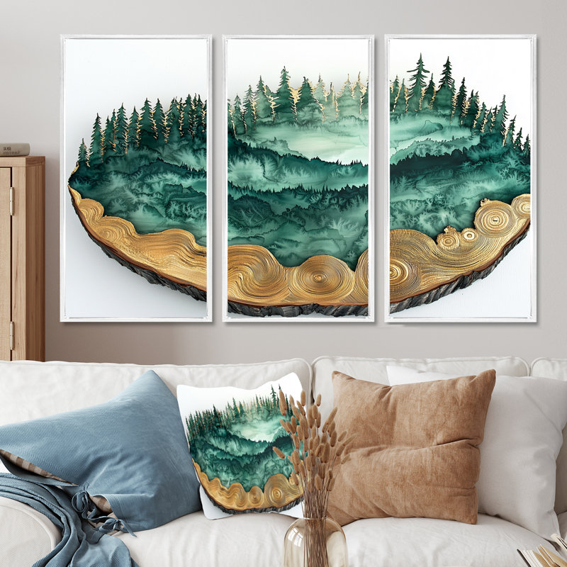 «Pine Trees Forest Landscape Into A Wood Slide IV», ensemble de 3 arbres, H 32 po x l 48 po, Framed Print without Mat, Blanc
