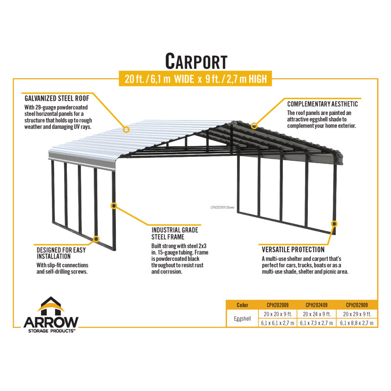 Galvanized Steel Carport, 20X29X9
