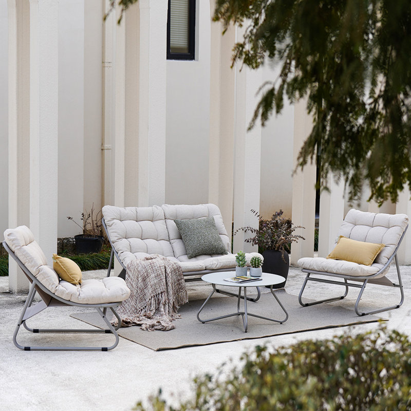 Ensemble de conversation pour terrasse en acier avec coussins 4 personnes Caili, Crème, Gris clair