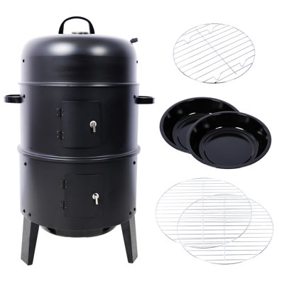 Fumoir à charbon de bois extérieur de 40 cm (16 pouces) - Barbecue portatif pour jardin. 31 : Fumoir, barbecue, brasero. Grande surface de cuisson avec thermomètre. Poignées antidérapantes. Barbecue vertical en acier noir. Foyer. Grand format.