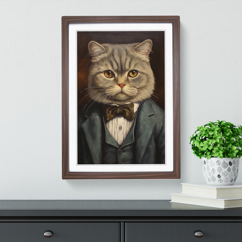 Cat in a Suit Painting No.5 1 Piece Single Picture Frame Wall Art, 46cm H x 34cm W x 2cm D, Walnut Framed