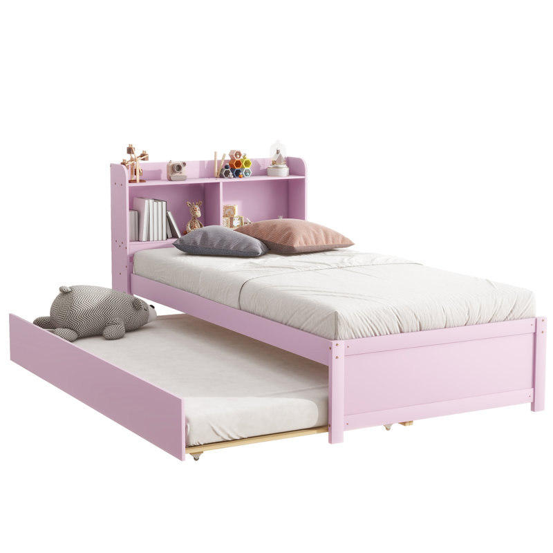 Twin Bed with Trundle and Storage Headboard, Pink Platform Bed with Bookcase for Kids, Teens, Guest Room