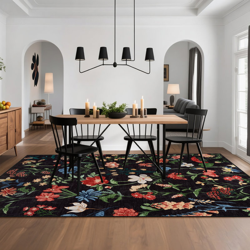 Modern Floral Area Rug 8x10 Washable Living Room Rug with Non Slip TPR Backing, Low Pile Thin Foldable Indoor Mat, Soft Non Shedding Printed Carpet for Bedrooms, Black