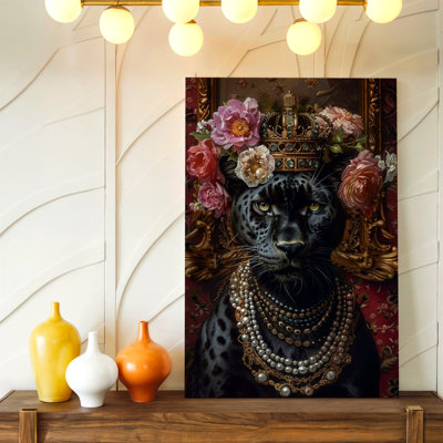 Black Panther Crown Floral Portrait Pearl Jewelry Vintage Decor Print Canvas Wall Art Print, Black Vintage Floral Artwork For Living Room Bedroom Office, Hallway Gallery Wall, Apartment
