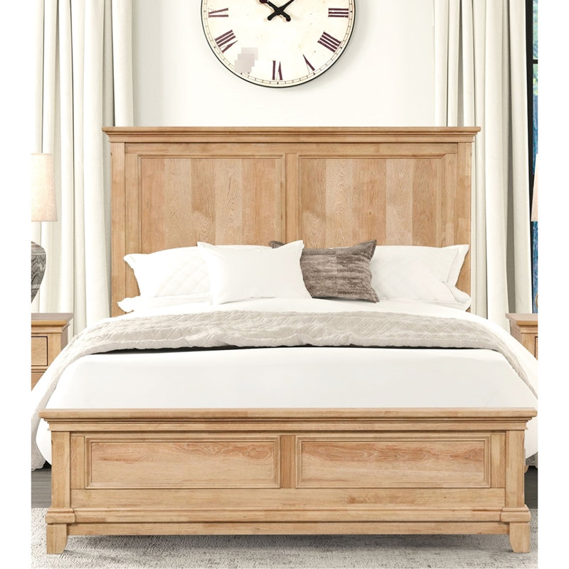 Structure de très grand lit avec tête de lit en chêne naturel, bois d'hévéa et bois d'ingénierie pour chambre à coucher