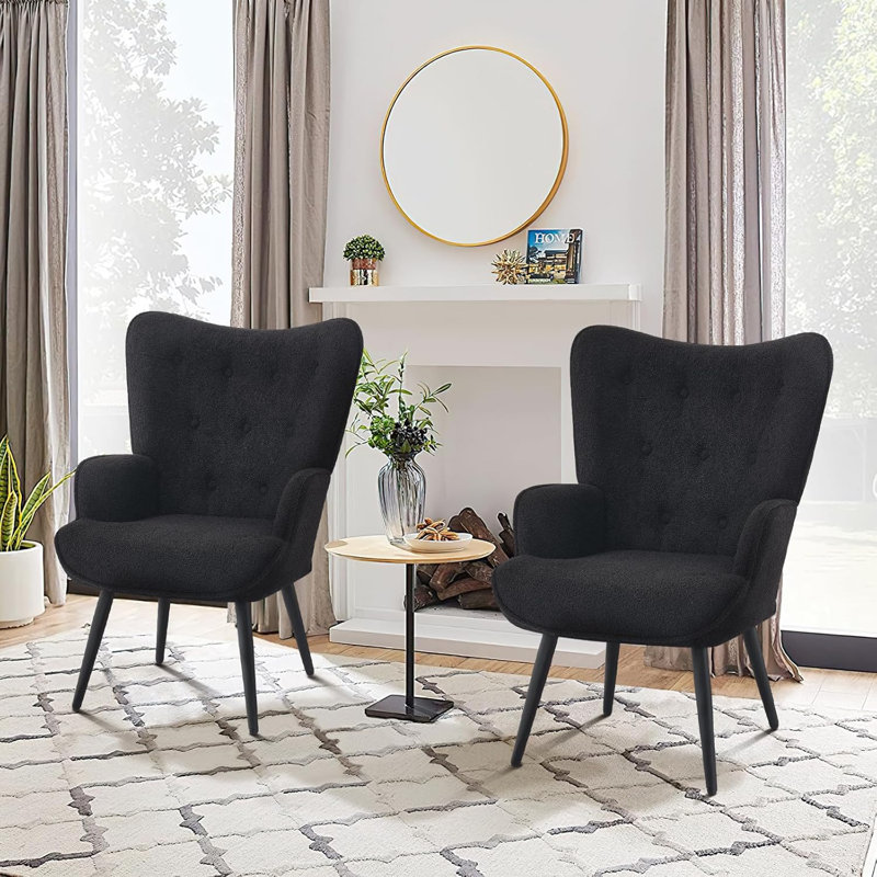 Modern Upholstered Wingback Chair Faux Fur Tufted Armchair with Metal Legs, Black  Boucle