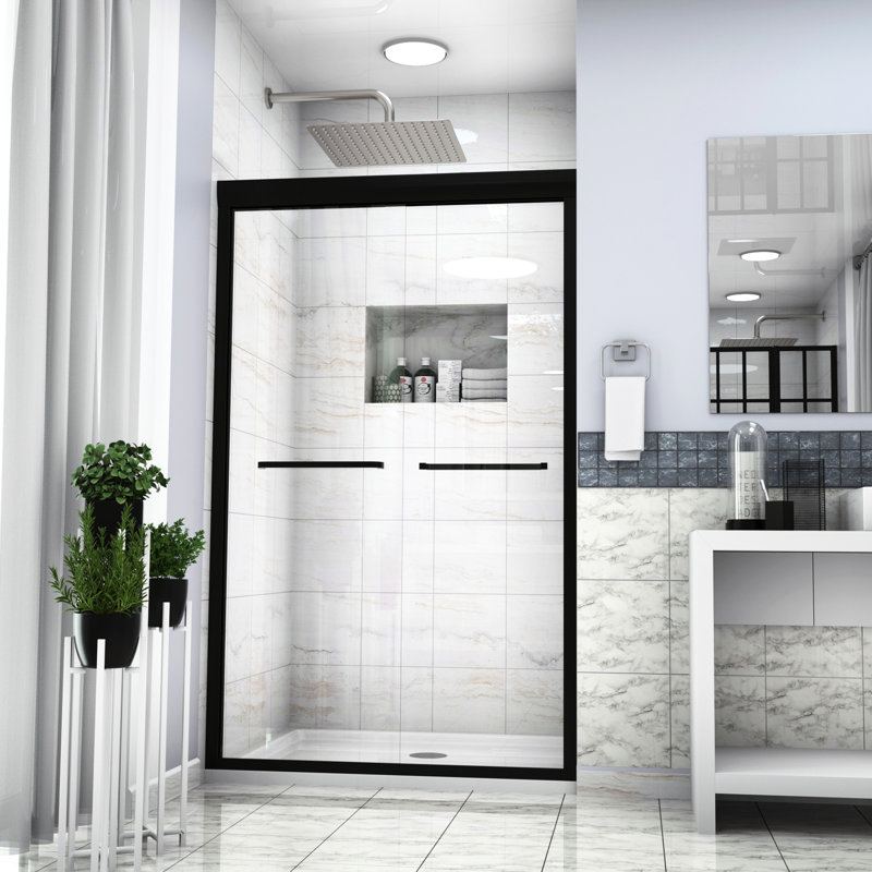 Cabine de douche double coulissante en noir mat, 48 po x 76 po - Porte de luxe avec verre trempé et fonction réglable noir avec porte-serviettes pratique