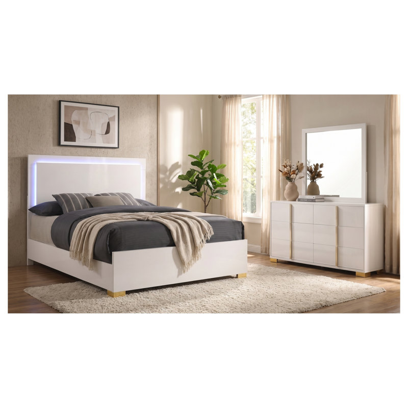 Ensemble de chambre à coucher Josephine White Queen 3 pièces avec tête de lit DEL, commode et miroir