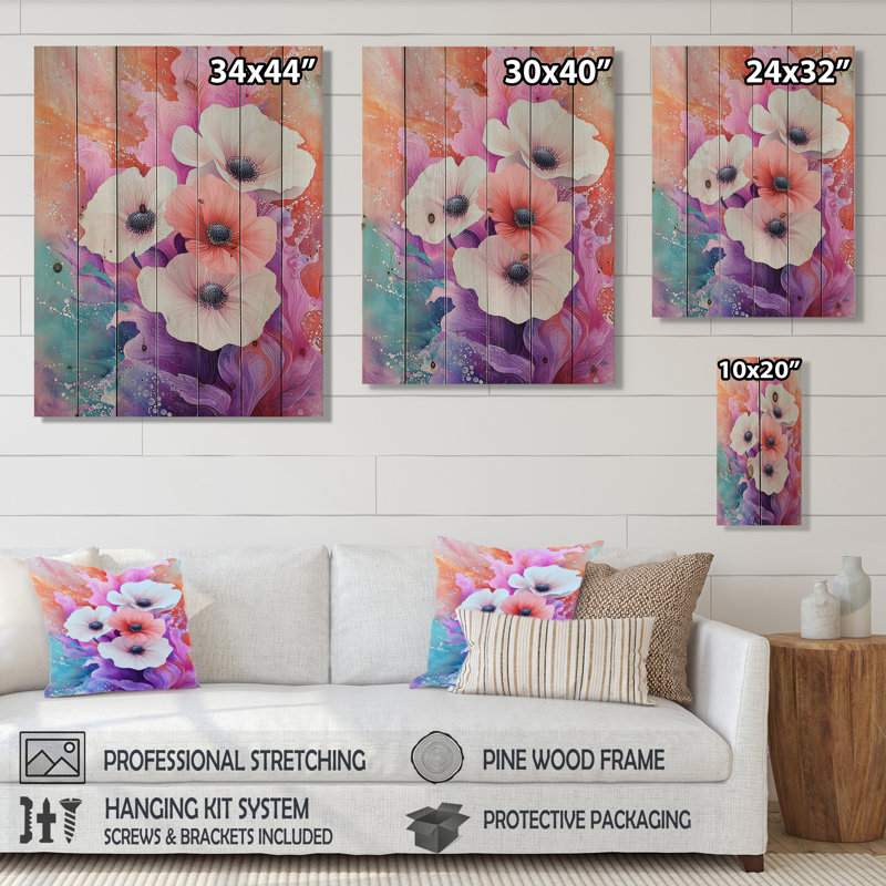 Purple Dancing Symphony Of Anemone I - Poppies Wooden Wall Art On Natural Pine Wood, 32" H x 24" W x 0.78" D
