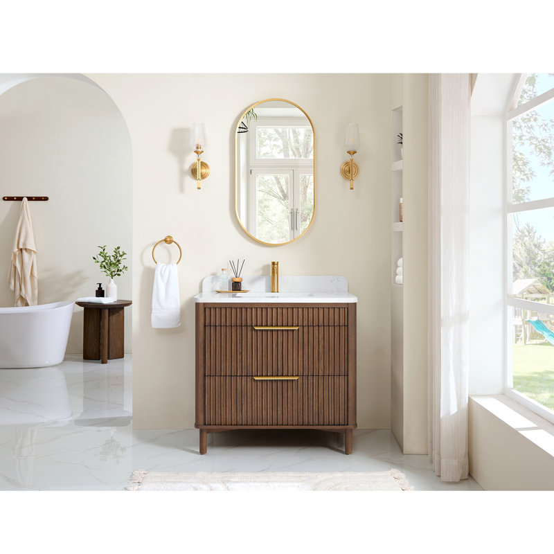 Meuble-lavabo simple 36 po Mumbai, Or brossé, Chêne brun foncé vieilli, 36"