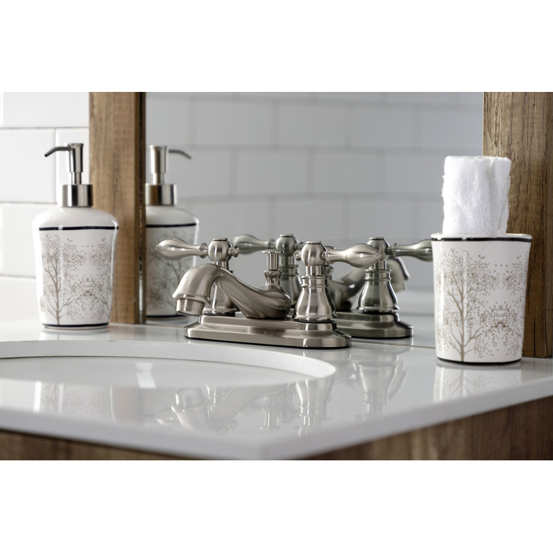 Kingston Brass American Classic Two-Handle 3-Hole Deck Mount 4" Centerset Bathroom Faucet with Plastic Pop-Up, Brushed Nickel