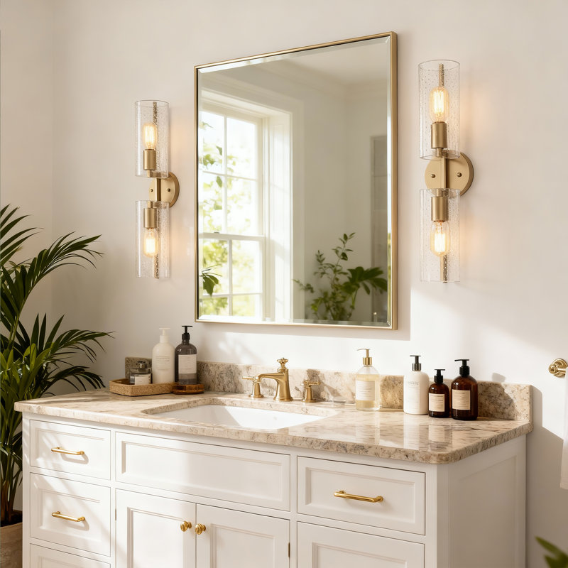 Modern 2-Light 21.5" Reversible Wall Sconce Linear Armed Sconce with Seeded Glass Shades Hallway Pillar Light