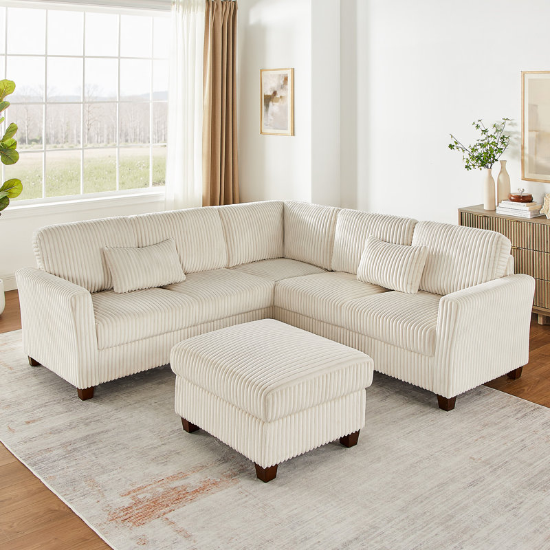 Canapé modulaire en L 90,6 po avec repose-pieds en velours côtelé, Velours côtelé beige