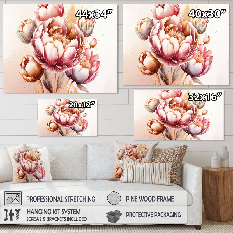 Binette rose et tulipes dorées - reproduction sur toile, H 12 po x l 20 po x P 1 po, Toile tendue
