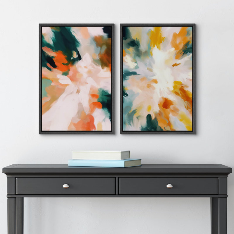 «Vibrant Abstract Shapes», 2 pièces sur toile, Cadre noir, H 24 po x l 16 po