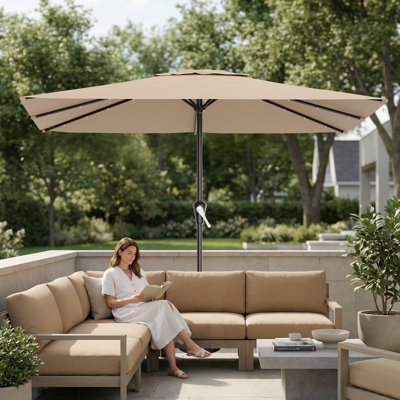 8×10FT Solar LED All-Steel Rectangular Patio Umbrella, UPF 50+ UV Protection, Crank Handle, 8 Heavy Duty Ribs, Outdoor Market Umbrella for Garden, Pool, Backyard, Beige