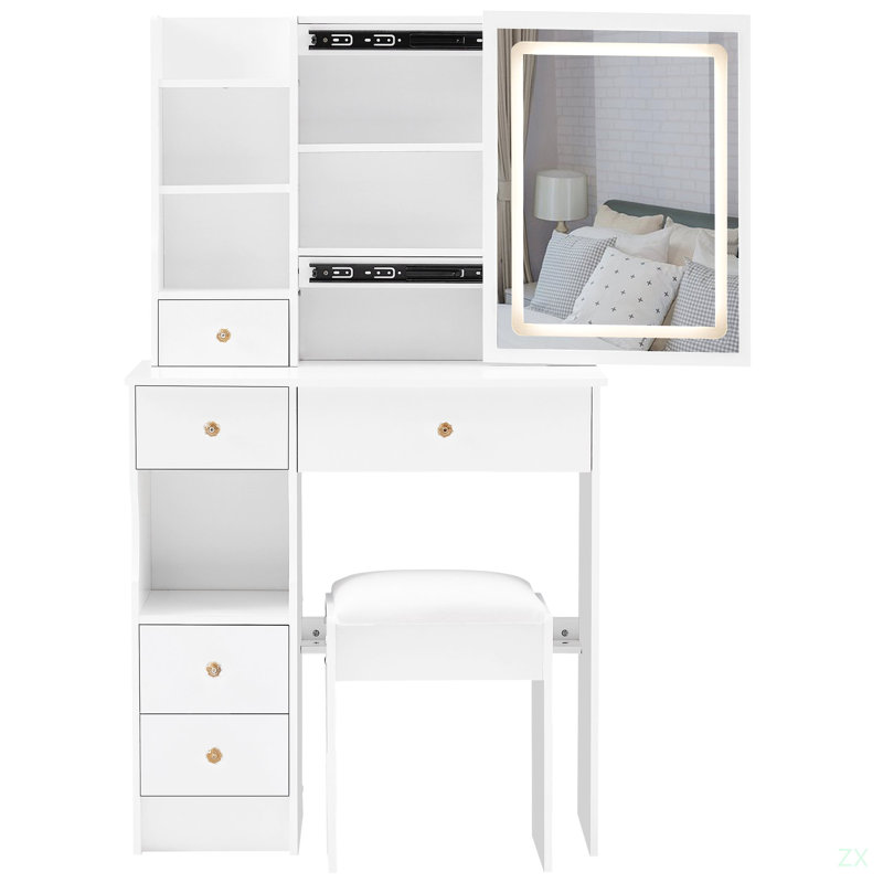 29.2" Small Left Drawer Desktop Vanity Table + Cushioned Stool, White
