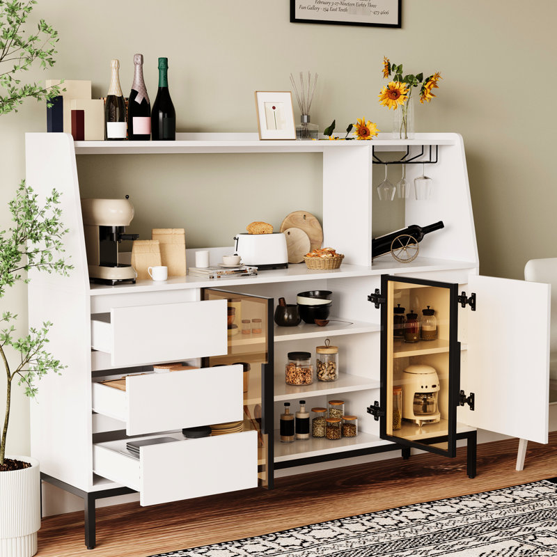 Buffet blanc avec 3 tiroirs, casier de porte en verre et porte-gobelet à vin pour la cuisine, porte d'armoire moderne, rangement pour vaisselle