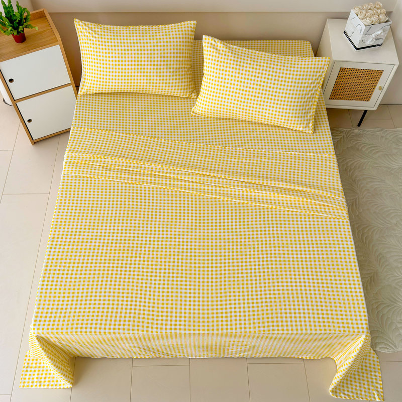 Ensemble de draps en vichy, microfibre prélavée ultra-douce, Ensemble de draps grand lit + 2 taies d'oreiller, Guingan jaune