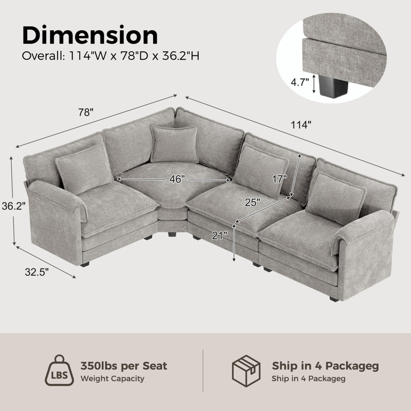 L Shaped Upholstered Boneless Corner Modular Sectional Sofa Cloud Couch - Chenille Fabric, Gray Chenille