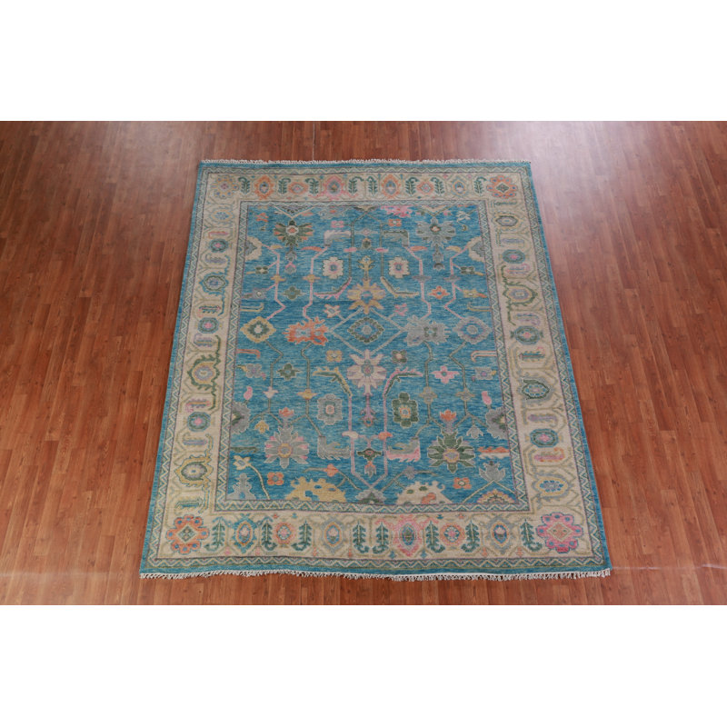 Tapis bleu à motif floral All-Over Oushak