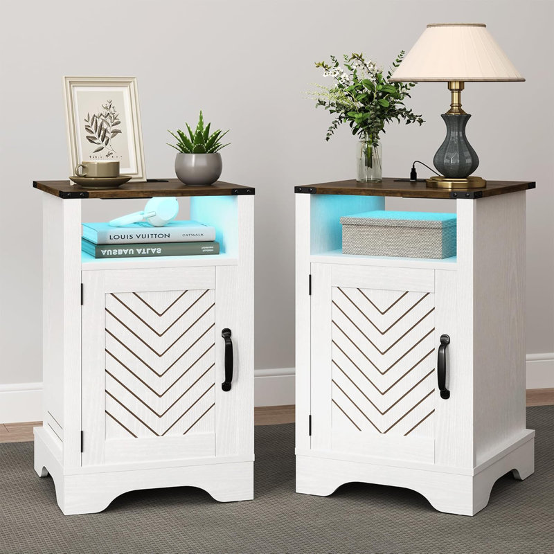  Nightstand w/ LED Lights & Charging Station, Set of 2, Antique White