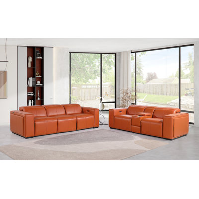 Top Grain Italian Leather Modular Power Triple Reclining Sofa & Loveseat Set With Power Headrests & Console