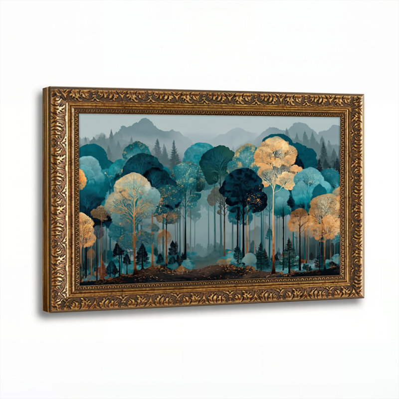 Art mural en toile noyer doré encadré pour le salon, la chambre à coucher, le bureau ou le vestibule - Décoration murale décorative avec paysage forestier