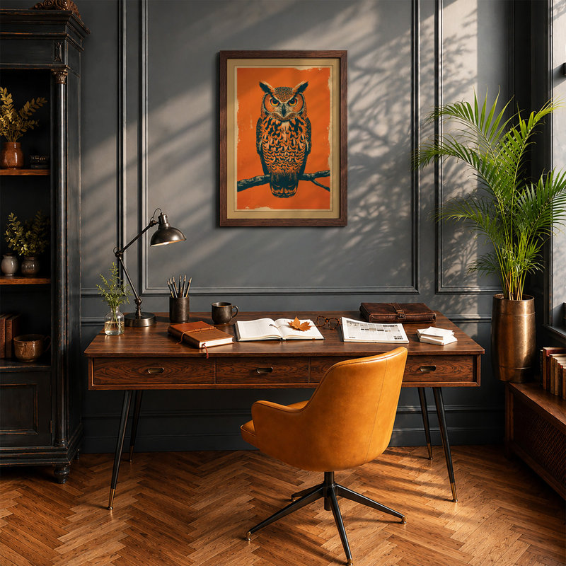 Centered Owl Mid-Century - Framed Print, Walnut, A1 - 84.1 x 59.4 cm