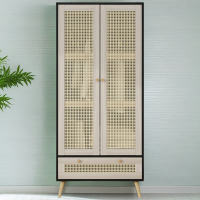 70.8"" Tall Armoire Wardrobe Closet With 2 Rattan Doors & 1 Drawer, Boho Wooden Clothes Storage Cabinet With Hanging Rod For Bedroom, Natural+Black -  Bay Isle Home™, B82C92E81F3E4492A37072045230FD39