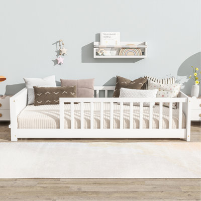 Twin Size Floor Platform Bed With Built-In Book Rack,White