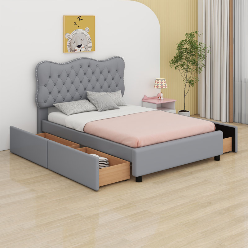 Lit à panneau tapissier avec rangement Karese, Double, gris